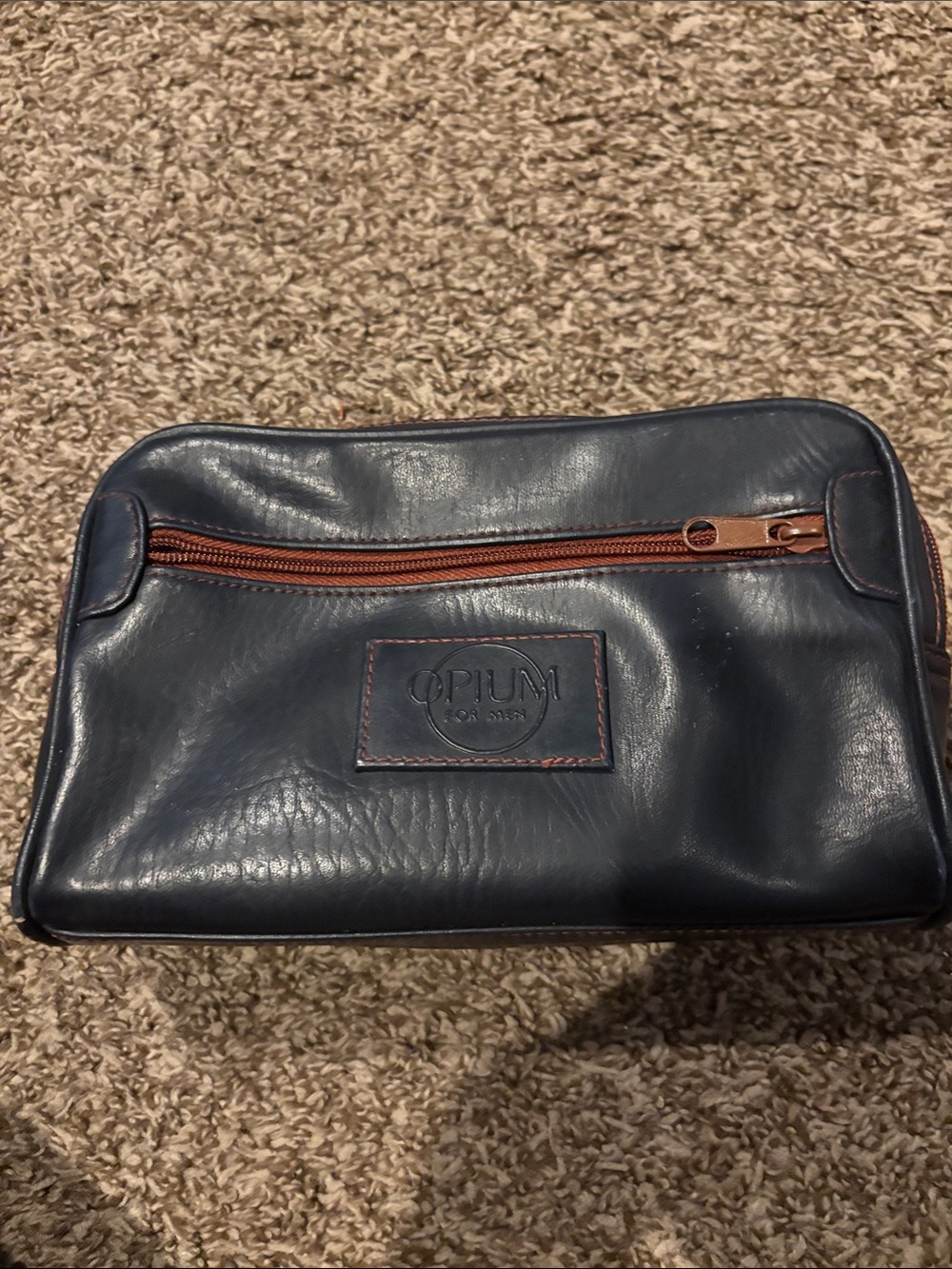 OPI Men’s Navy Leather Toiletry Bag with Brown Trim